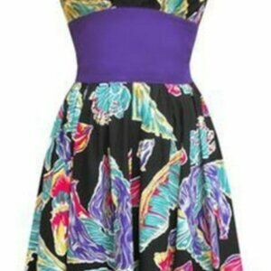 Trashy Diva Sandy dress sz 10 tropical floral Teal/Pink/Purple print on black.